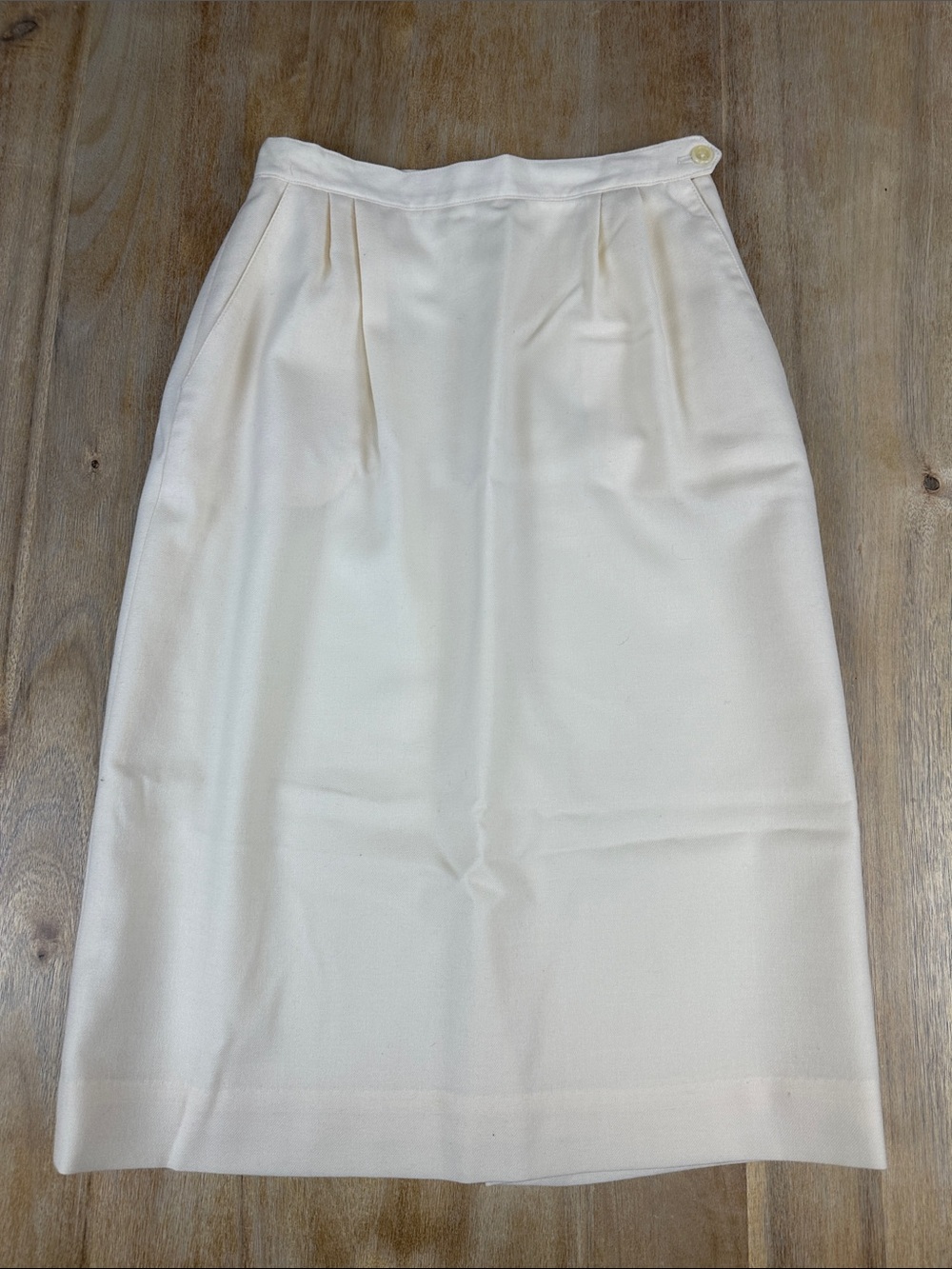 Vintage Lands' End Light Academia Cream High-Waist Midi Wool Pencil Skirt